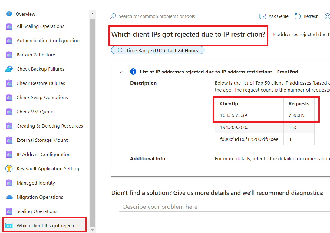 list of ip addresses accessing your azure wbe app by access count