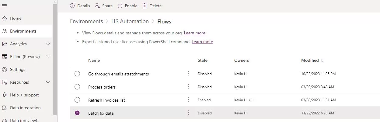 list all flows inside environment power automate